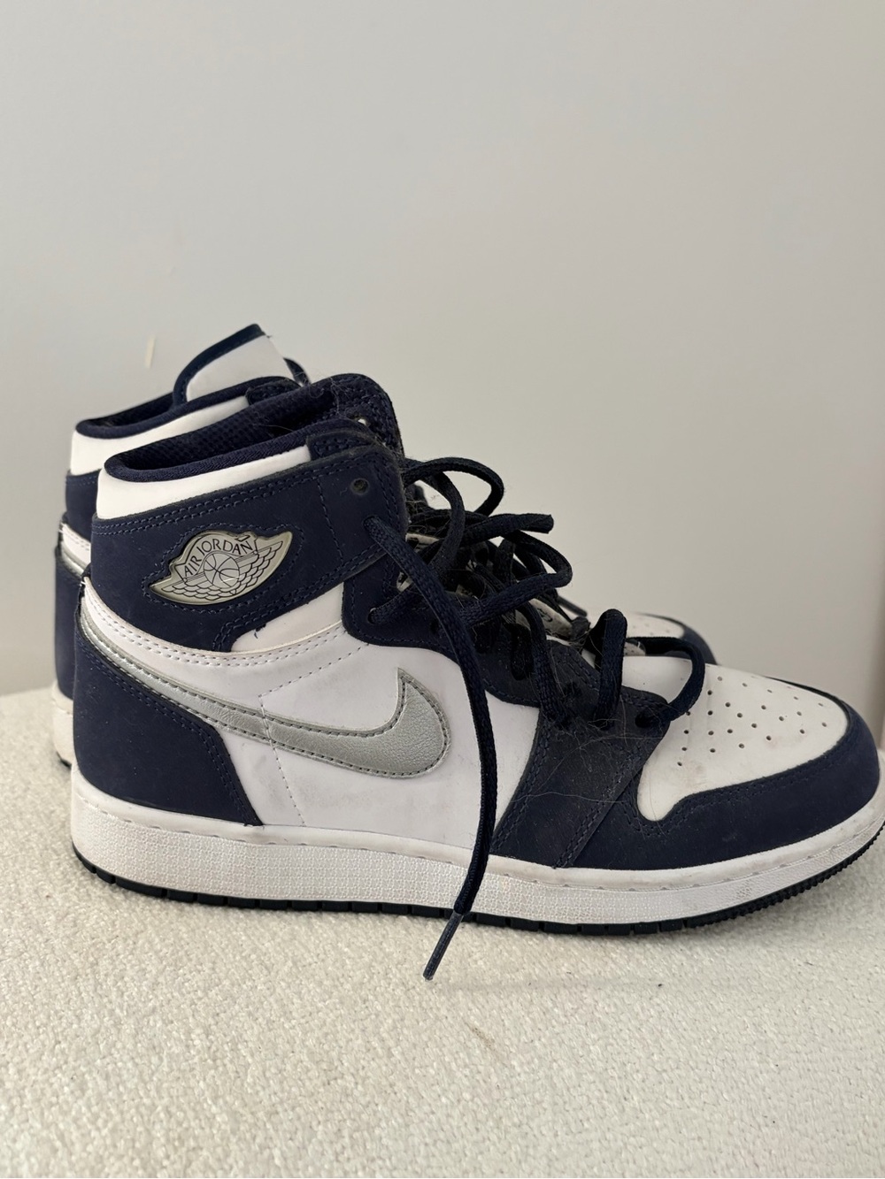 Jordan High Top Sneakers in White Navy and Silver